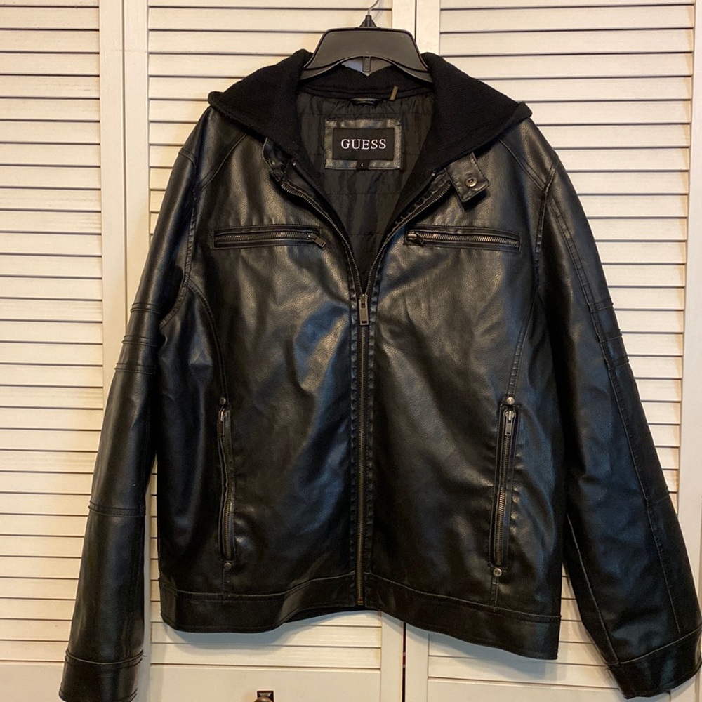 Guess Black Vegan Leather Jacket With Hoodie Size L